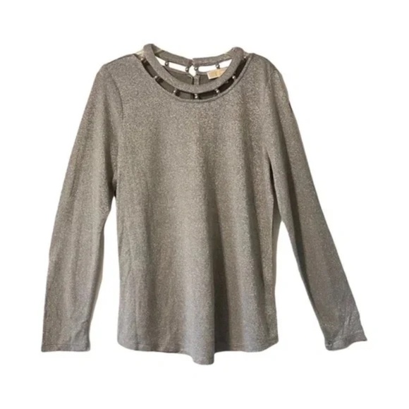 Michael Kors | Silver Metallic Shimmer Beaded Long Sleeve Knit Top, XL - Picture 1 of 6